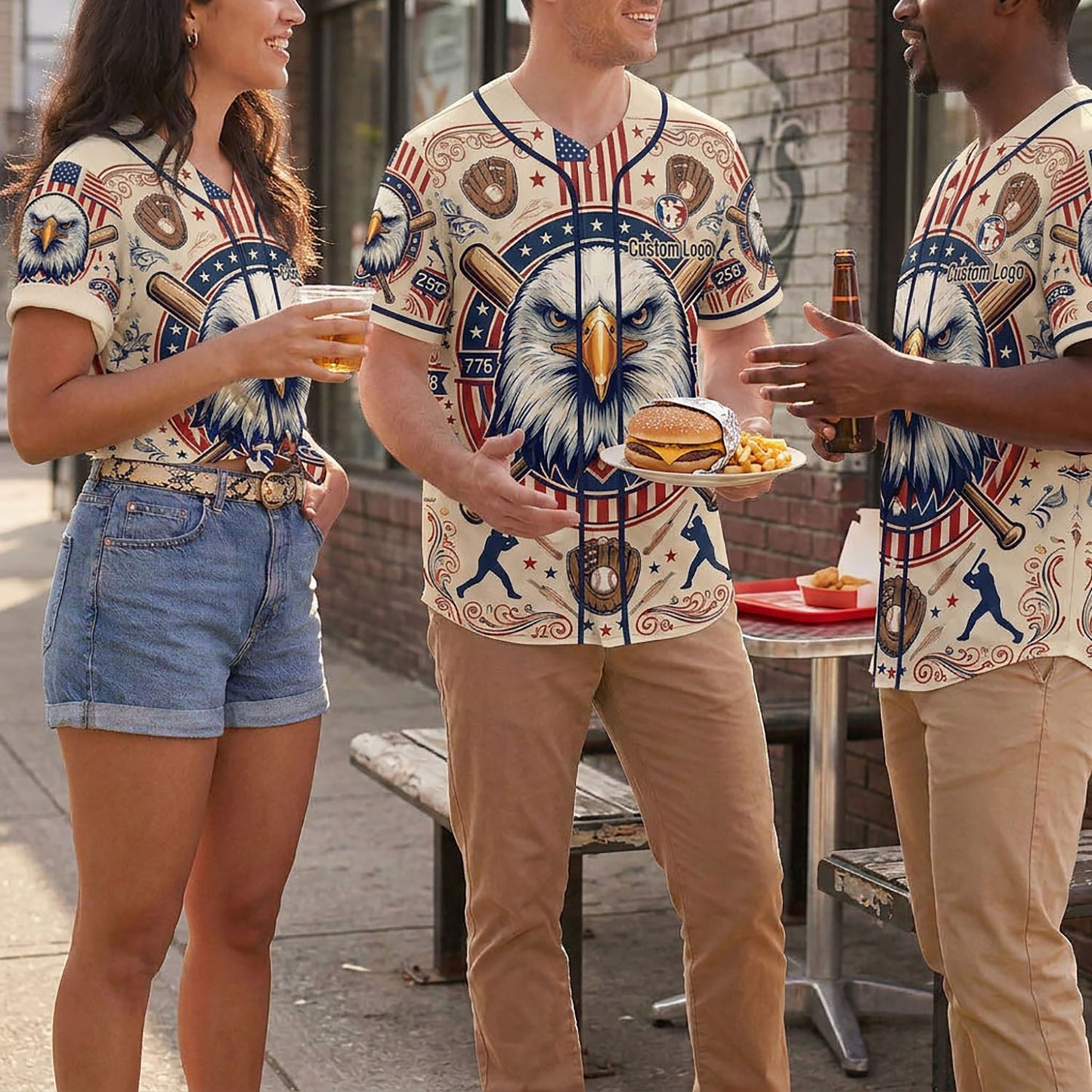 Three people wearing heritage eagle baseball jerseys in a casual outdoor setting