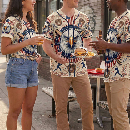 Three people wearing heritage eagle baseball jerseys in a casual outdoor setting