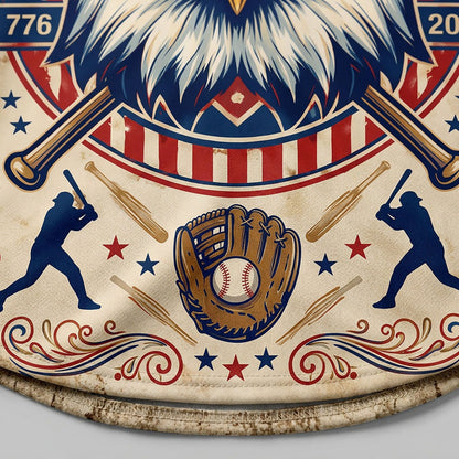 Close-up of the vintage eagle emblem, baseball glove, and 1776-2026 anniversary dates on a patriotic jersey