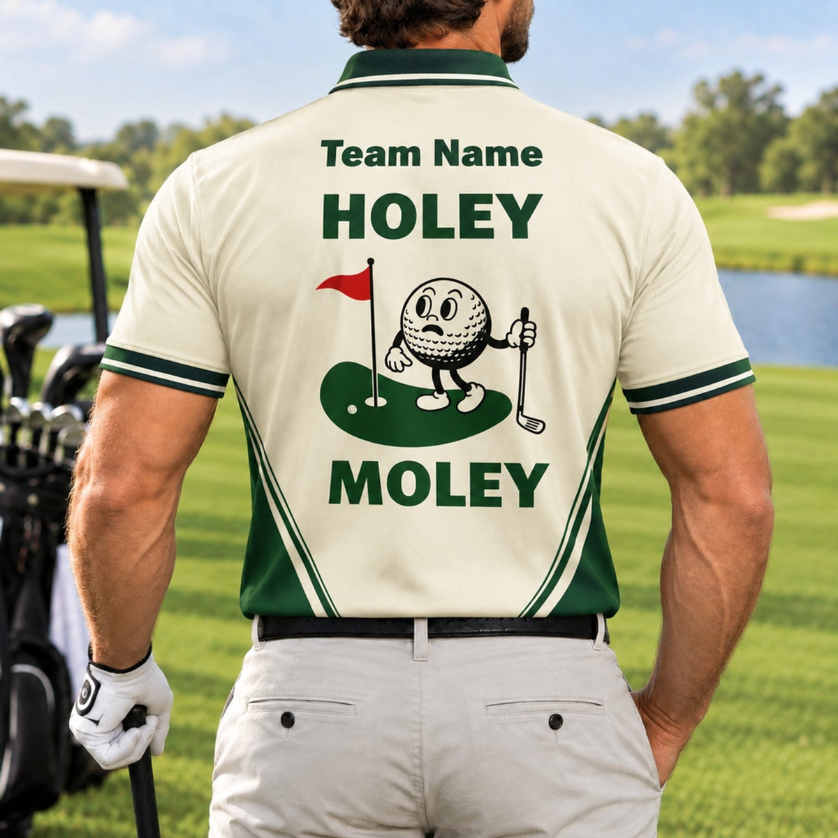 Holey Moley Golf Pun Personalized Golf Polo Shirt Back View