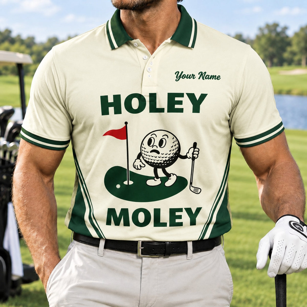 Holey Moley Golf Pun Personalized Golf Polo Shirt Front View
