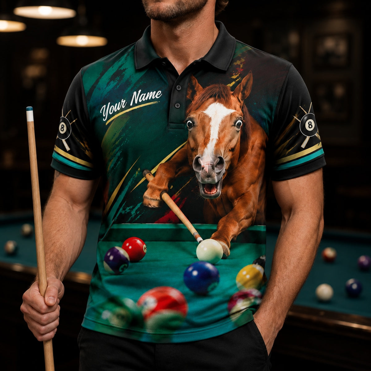 Horse Billiards Player Sport Personalized Billiard Polo Shirt Front View