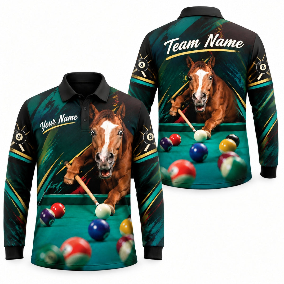 Horse Billiards Player Sport Personalized Billiard Polo Shirt Long Sleeve Polo