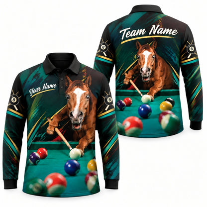 Horse Billiards Player Sport Personalized Billiard Polo Shirt Long Sleeve Polo
