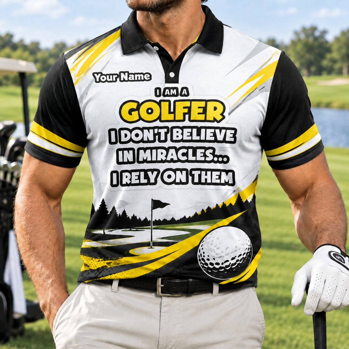 I Am A Golfer Quote Personalized Golf Polo Shirt Front View