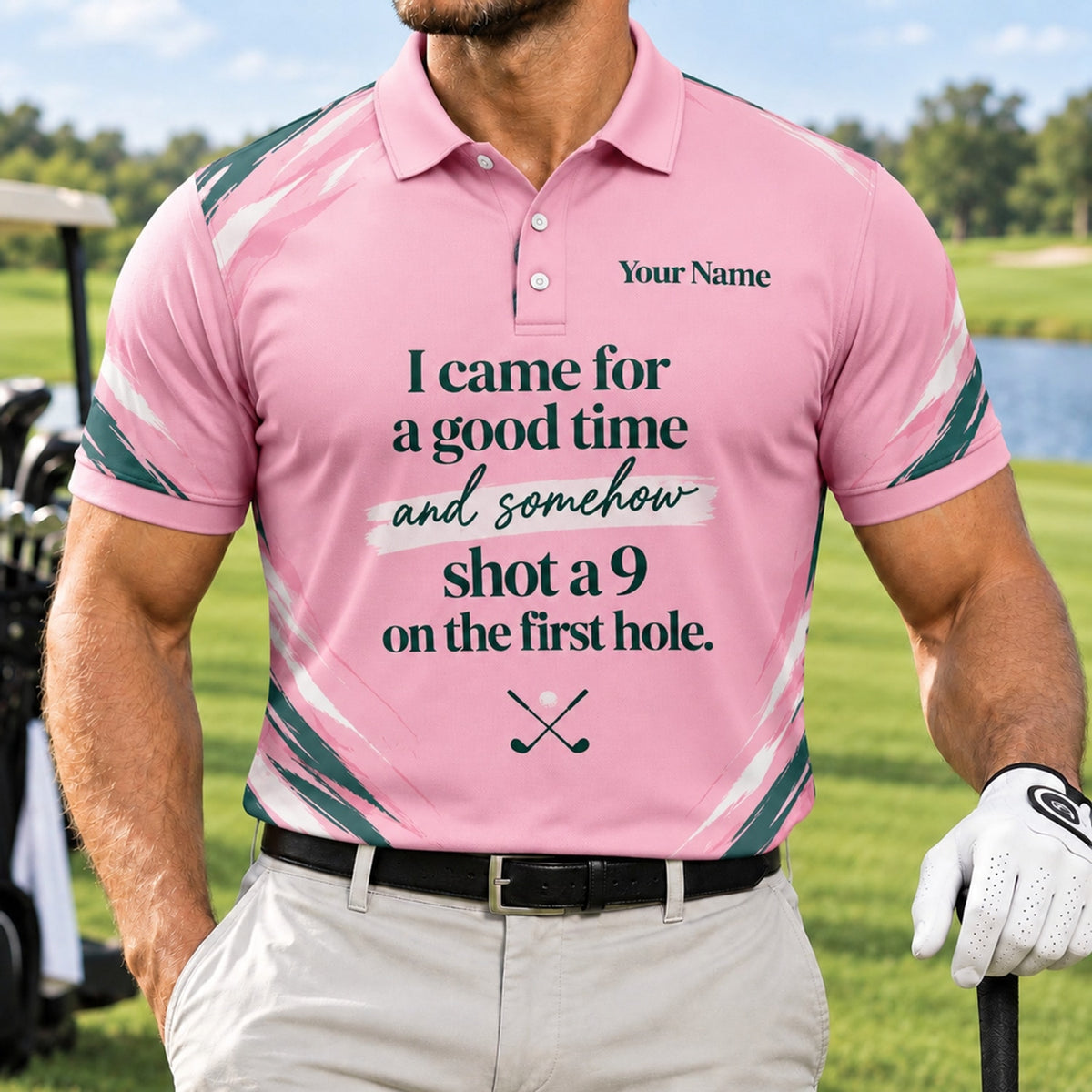 I Came For A Good Time Shot A 9 Golf Humor Personalized Golf Polo Shirt Front View
