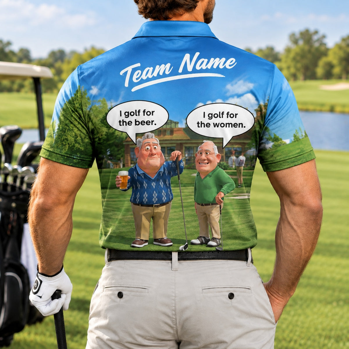 I Golf for the Beer Golf Humor Personalized Golf Polo Shirt Back View