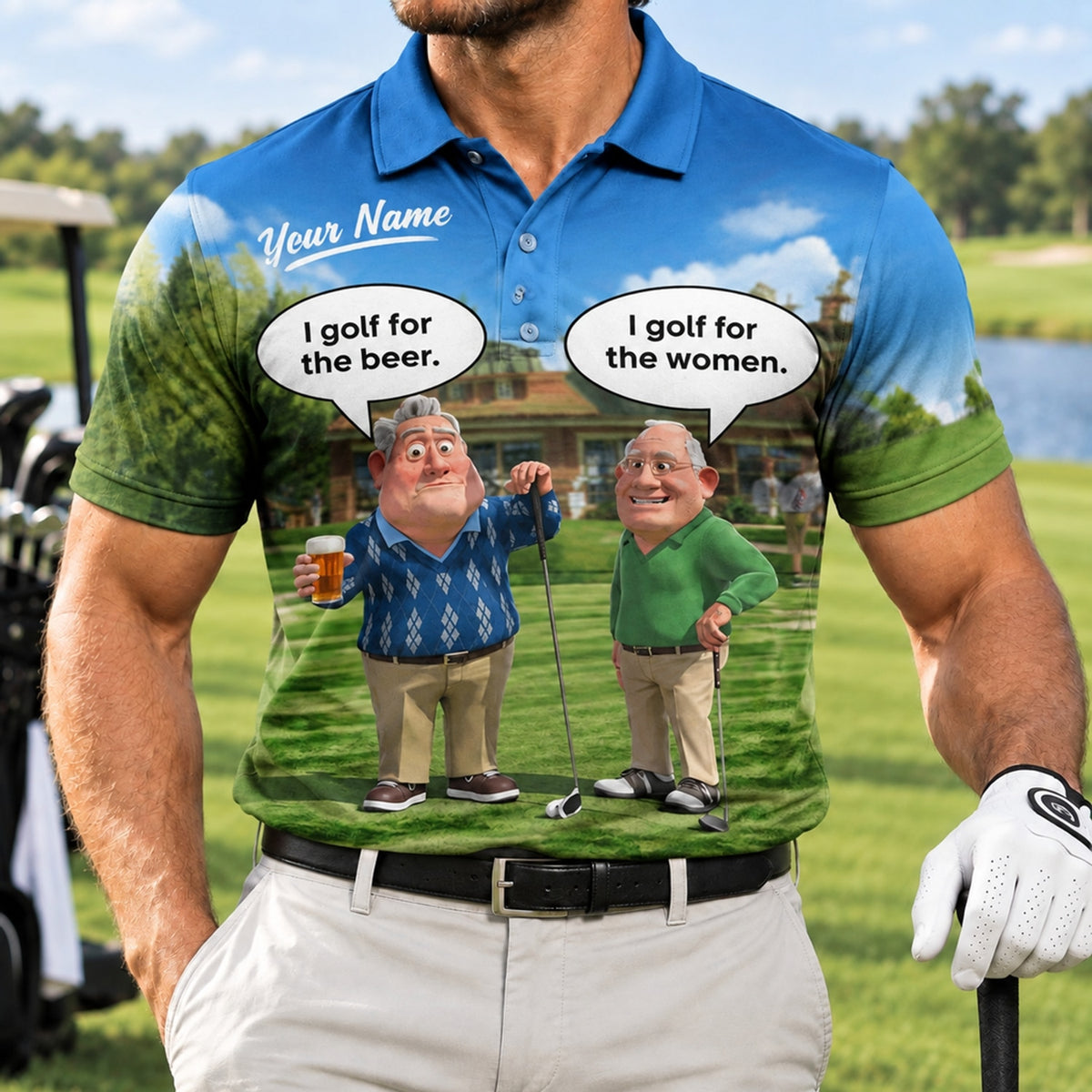 I Golf for the Beer Golf Humor Personalized Golf Polo Shirt Front View