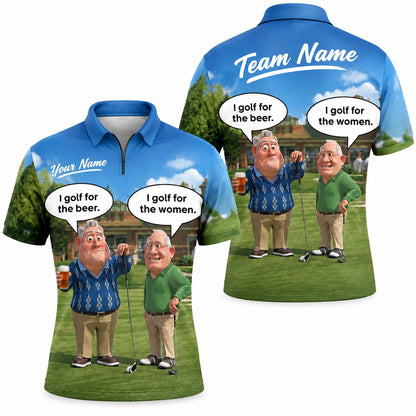 I Golf for the Beer Golf Humor Personalized Golf Polo Shirt Jersey Zip 1 4 Collar