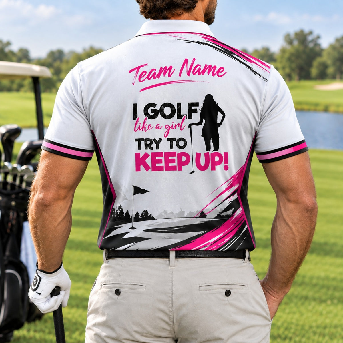 I Golf Like a Girl Try to Keep Up Golf Lifestyle Personalized Golf Polo Shirt Back View