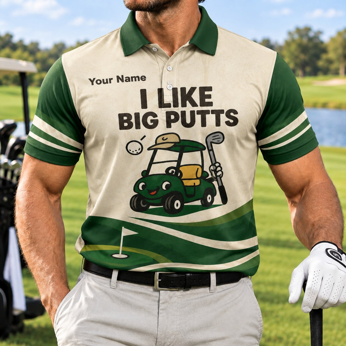 I Like Big Putts Golf Pun Funny Personalized Golf Polo Shirt Front View