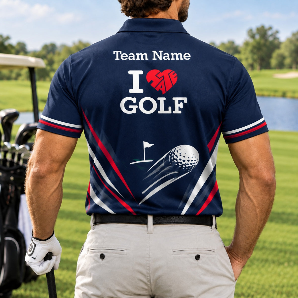 I Love Golf Typography Sport Personalized Golf Polo Shirt Back View