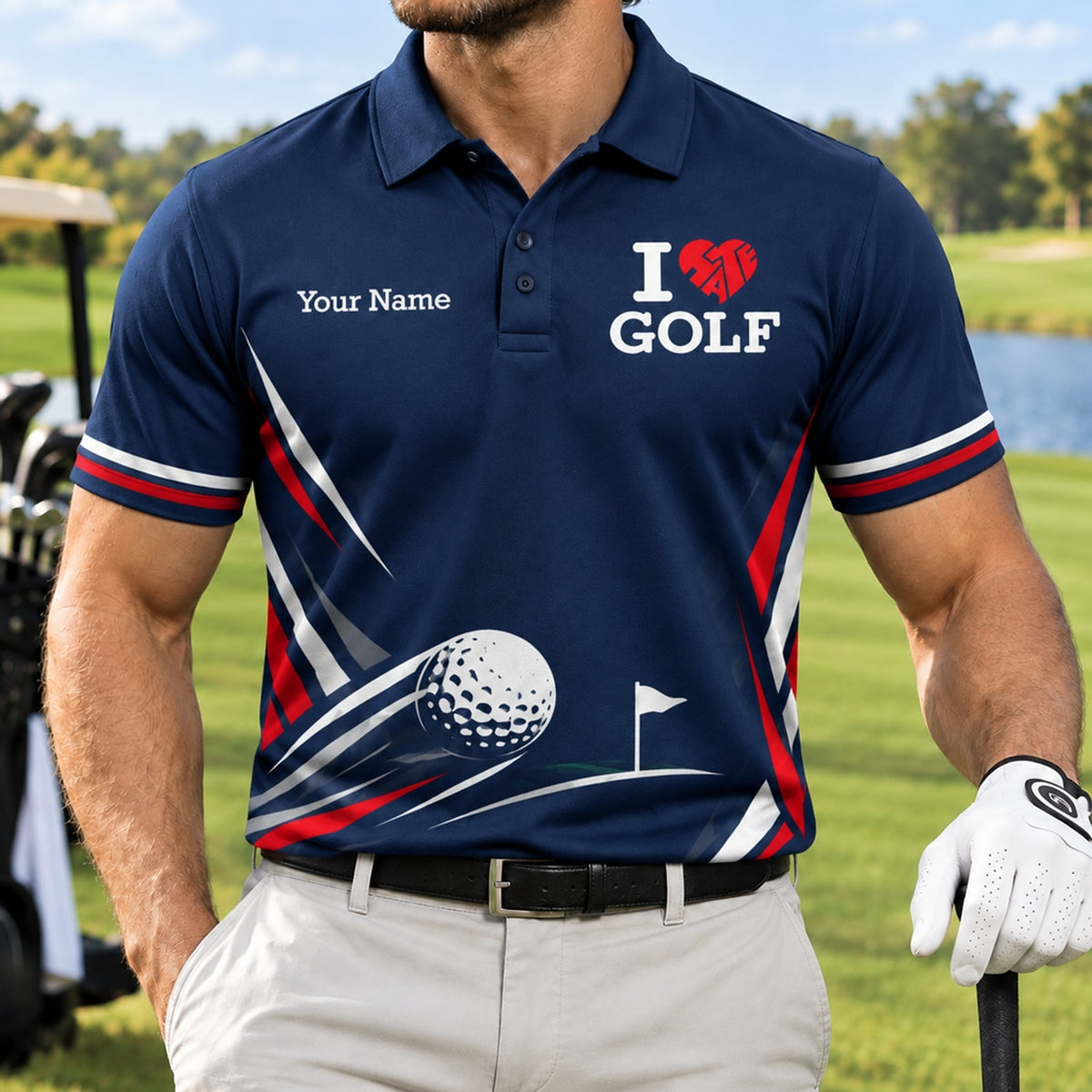 I Love Golf Typography Sport Personalized Golf Polo Shirt Front View
