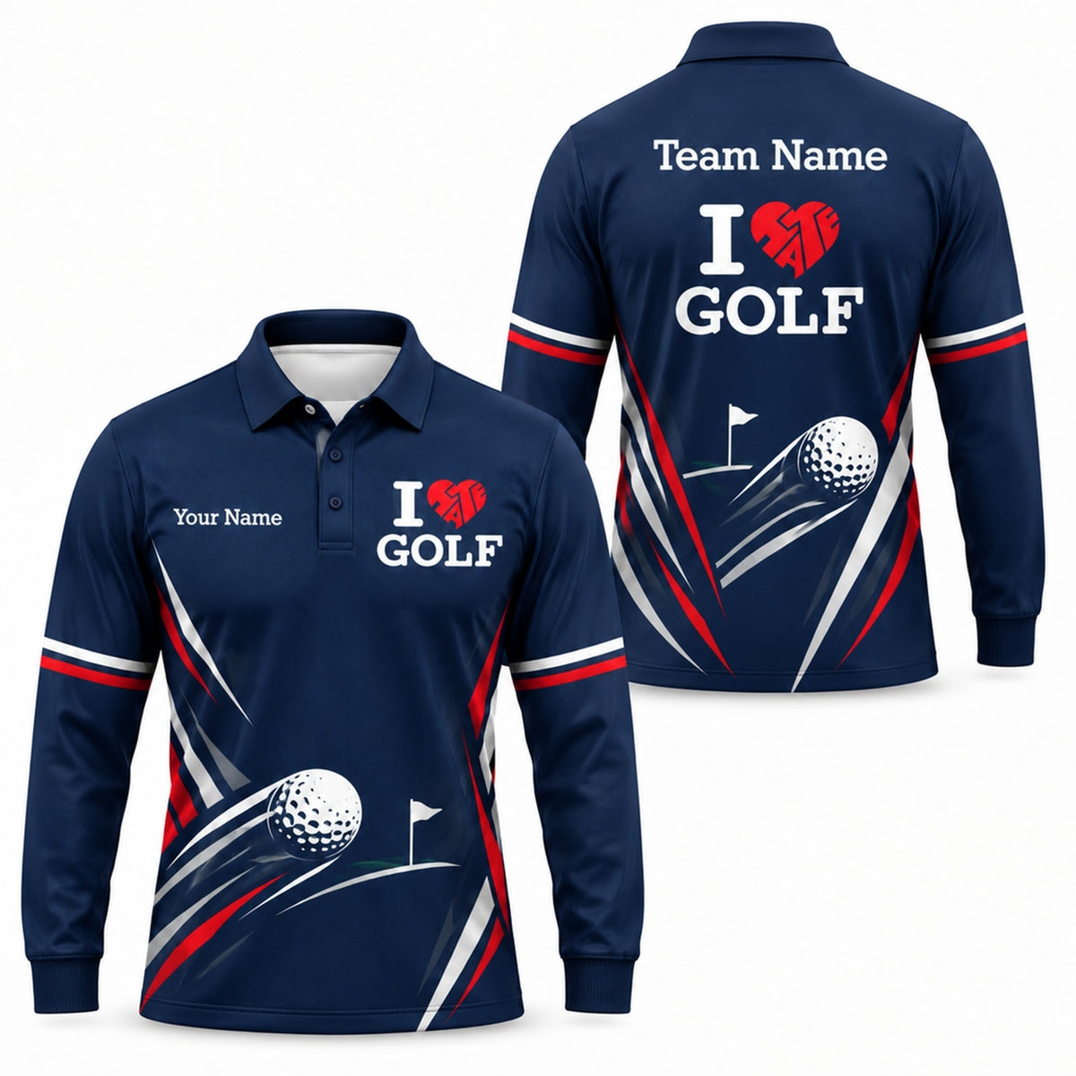 I Love Golf Typography Sport Personalized Golf Polo Shirt Long Sleeve Polo