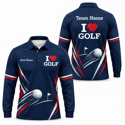 I Love Golf Typography Sport Personalized Golf Polo Shirt Long Sleeve Polo