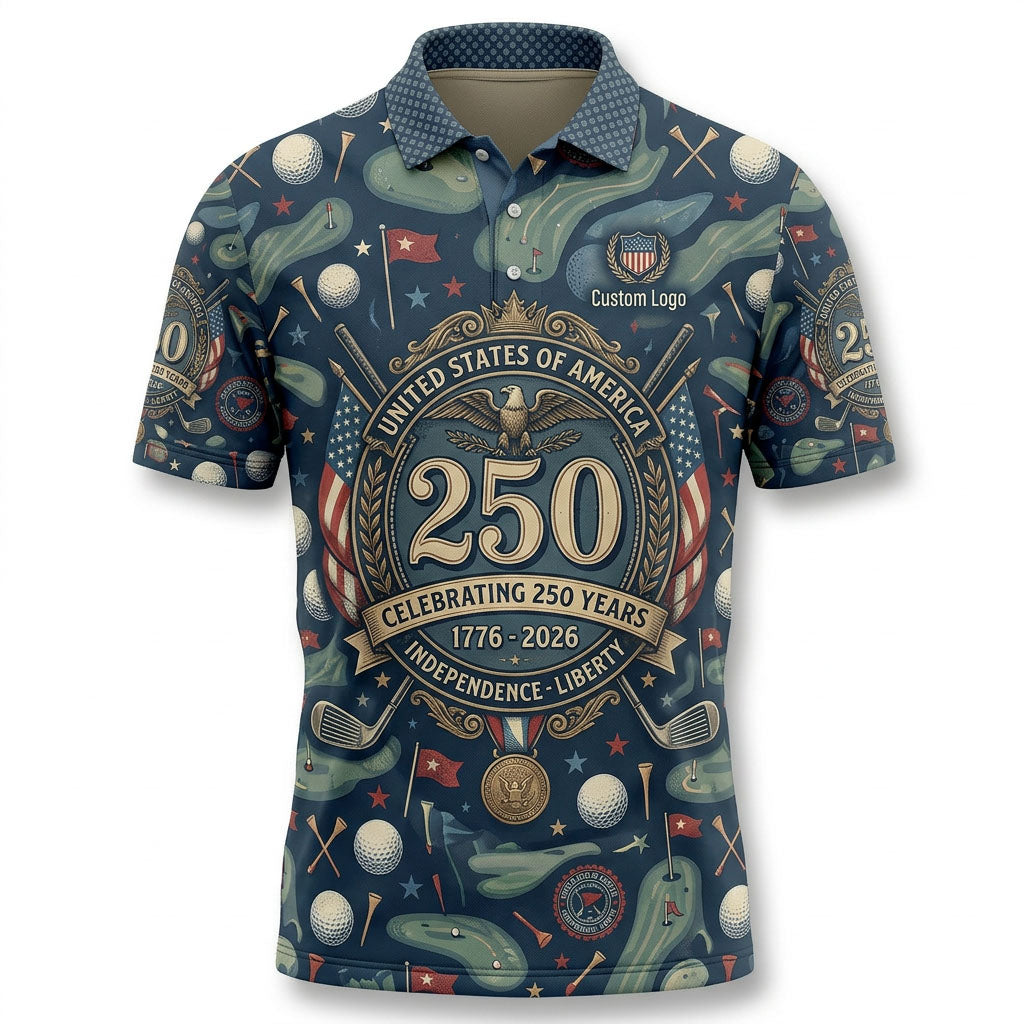 Flatlay view of patriotic navy Independence & Liberty golf polo