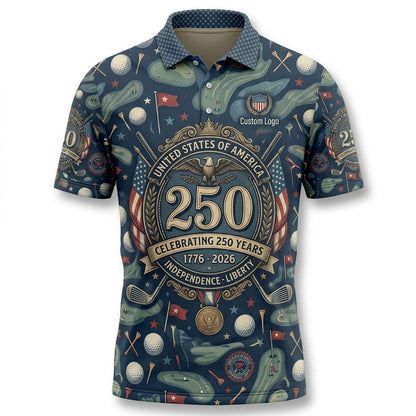 Flatlay view of patriotic navy Independence & Liberty golf polo