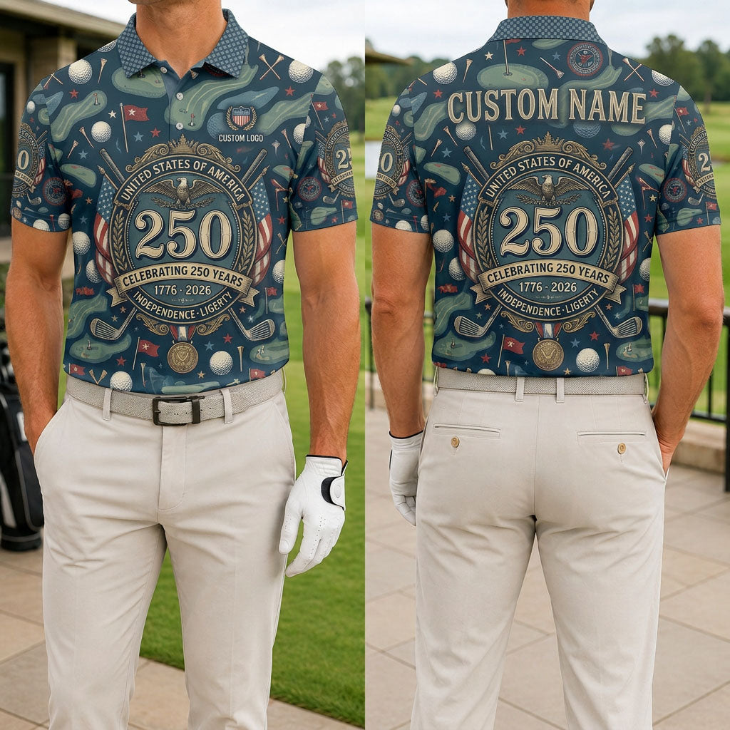 Front and back view of navy blue Independence & Liberty golf polo