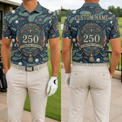 Front and back view of navy blue Independence & Liberty golf polo