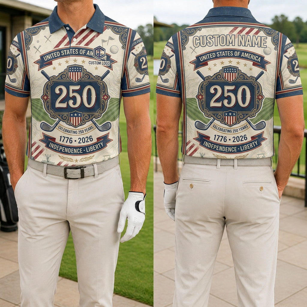 Front and back view of Independence & Liberty 250th Anniversary polo
