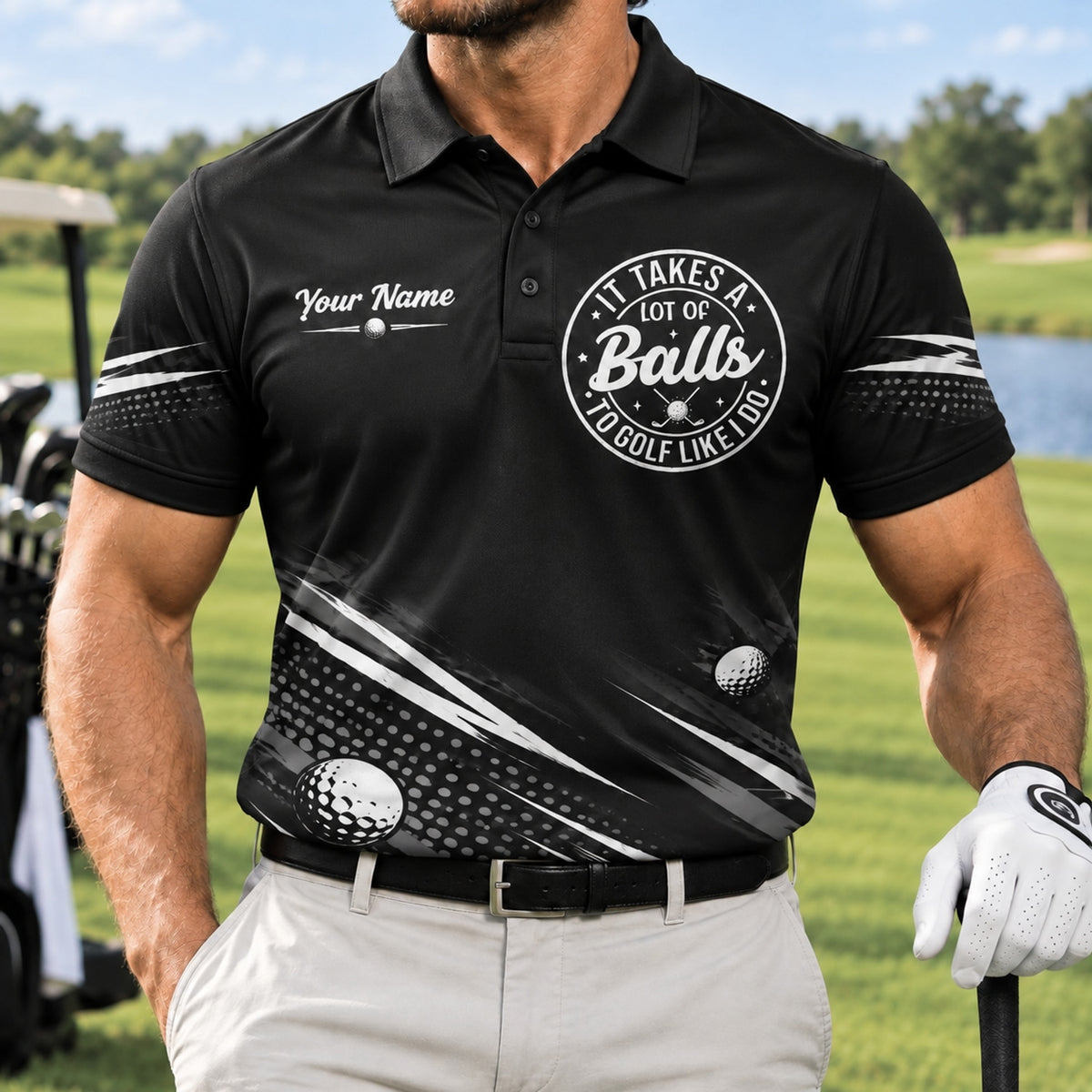 It Takes A Lot Of Balls Sport Personalized Golf Polo Shirt Front View