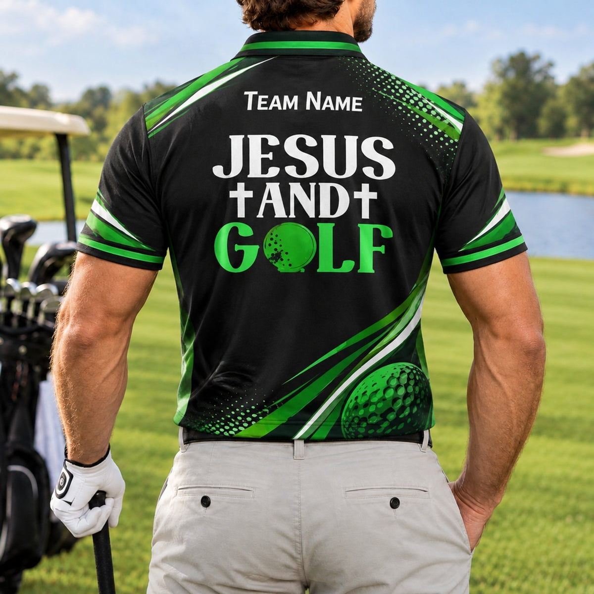Jesus And Golf Sport Personalized Golf Polo Shirt Back View
