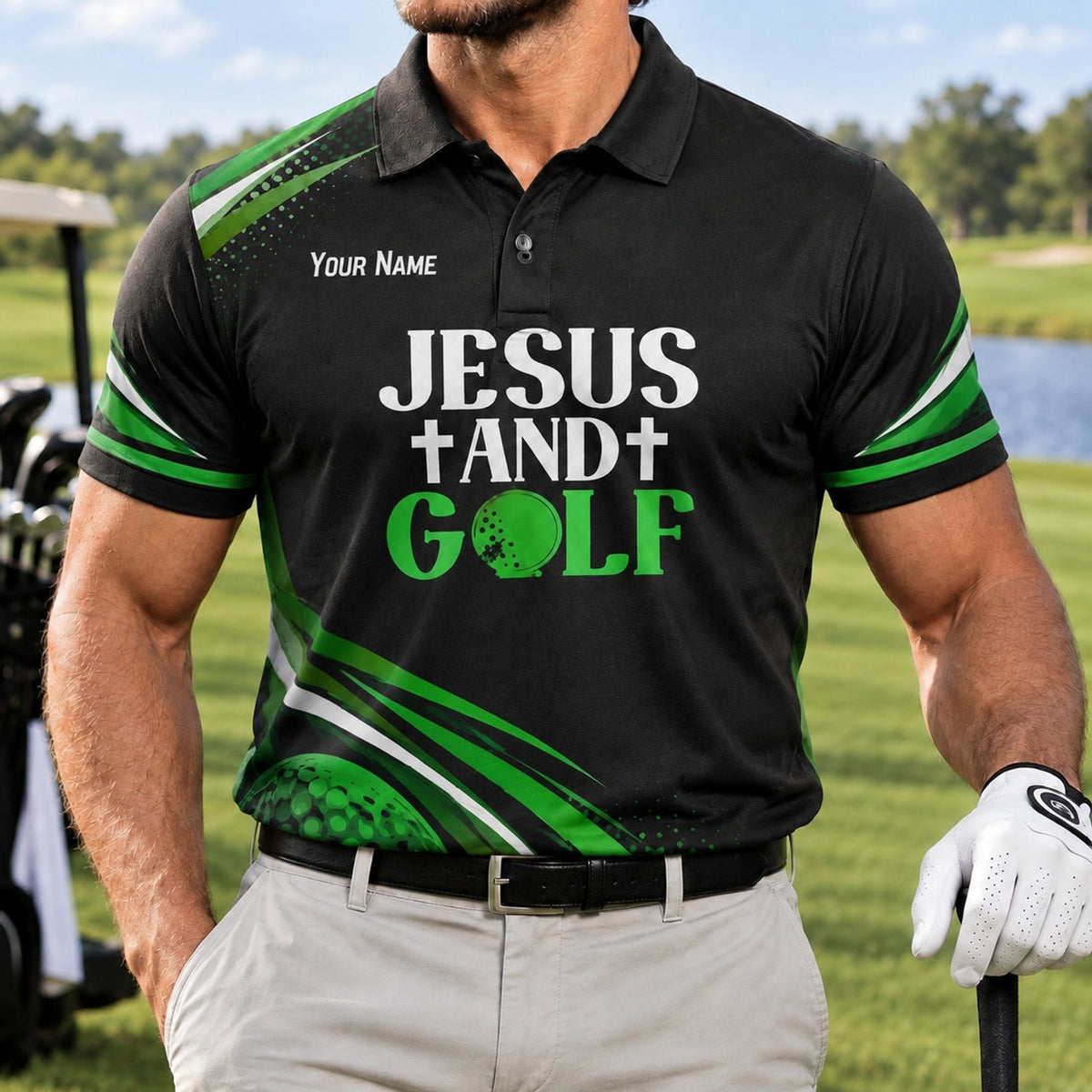 Jesus And Golf Sport Personalized Golf Polo Shirt Front View