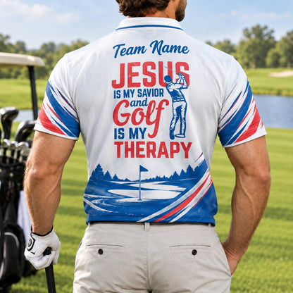 Jesus Is My Savior Golf Is My Therapy Golf Life Quote Personalized Golf Polo Sh Back View