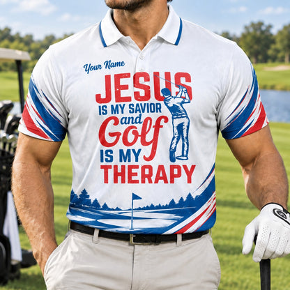 Jesus Is My Savior Golf Is My Therapy Golf Life Quote Personalized Golf Polo Sh Front View