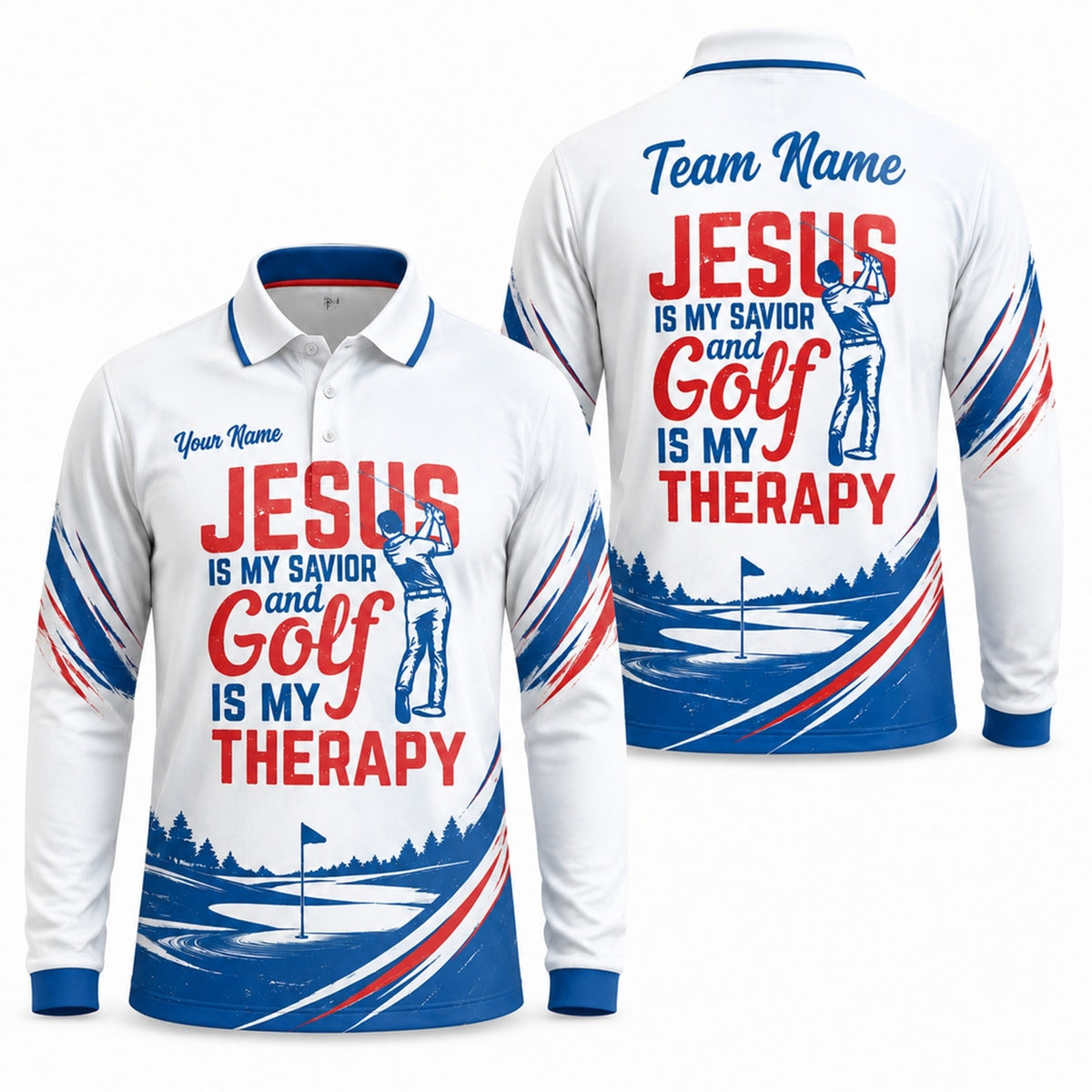Jesus Is My Savior Golf Is My Therapy Golf Life Quote Personalized Golf Polo Sh Long Sleeve Polo
