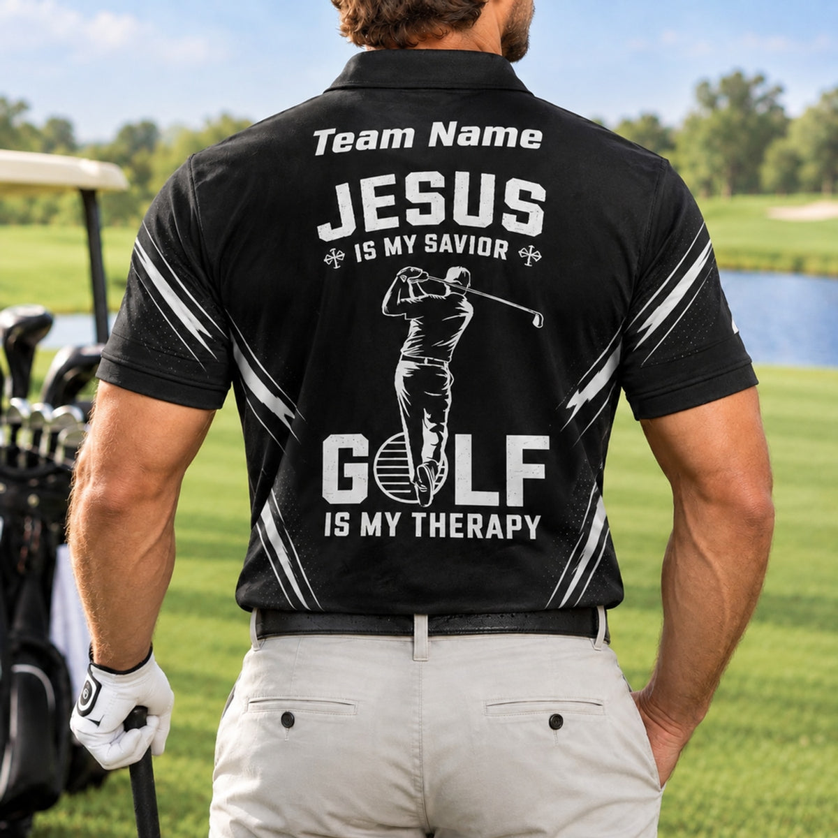 Jesus Is My Savior Golf Is My Therapy Golf Lover Personalized Golf Polo Shirt Back View