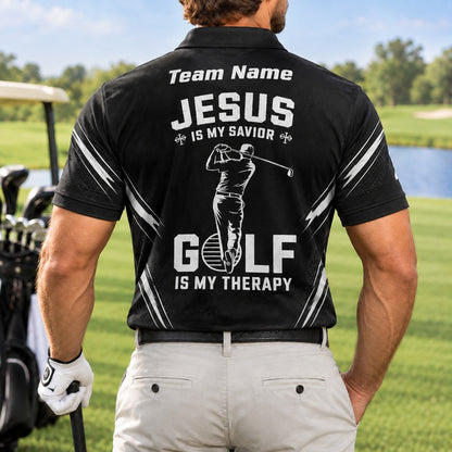 Jesus Is My Savior Golf Is My Therapy Golf Lover Personalized Golf Polo Shirt Back View
