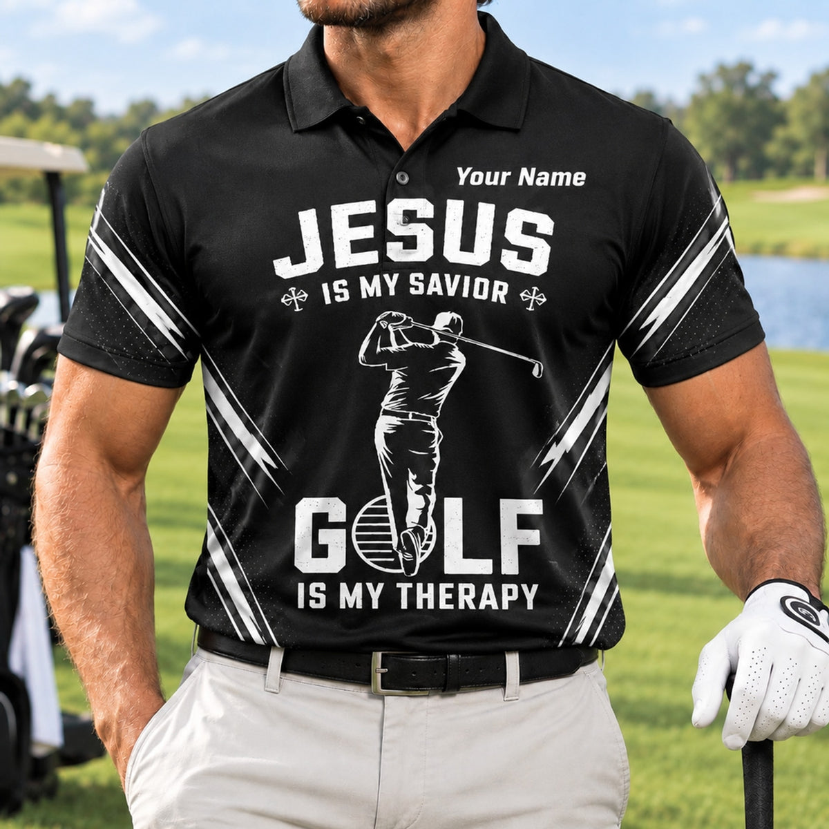 Jesus Is My Savior Golf Is My Therapy Golf Lover Personalized Golf Polo Shirt Front View