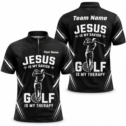 Jesus Is My Savior Golf Is My Therapy Golf Lover Personalized Golf Polo Shirt Jersey Zip 1 4 Collar