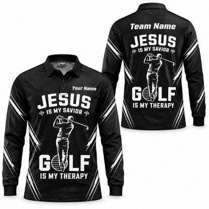Jesus Is My Savior Golf Is My Therapy Golf Lover Personalized Golf Polo Shirt Long Sleeve Polo
