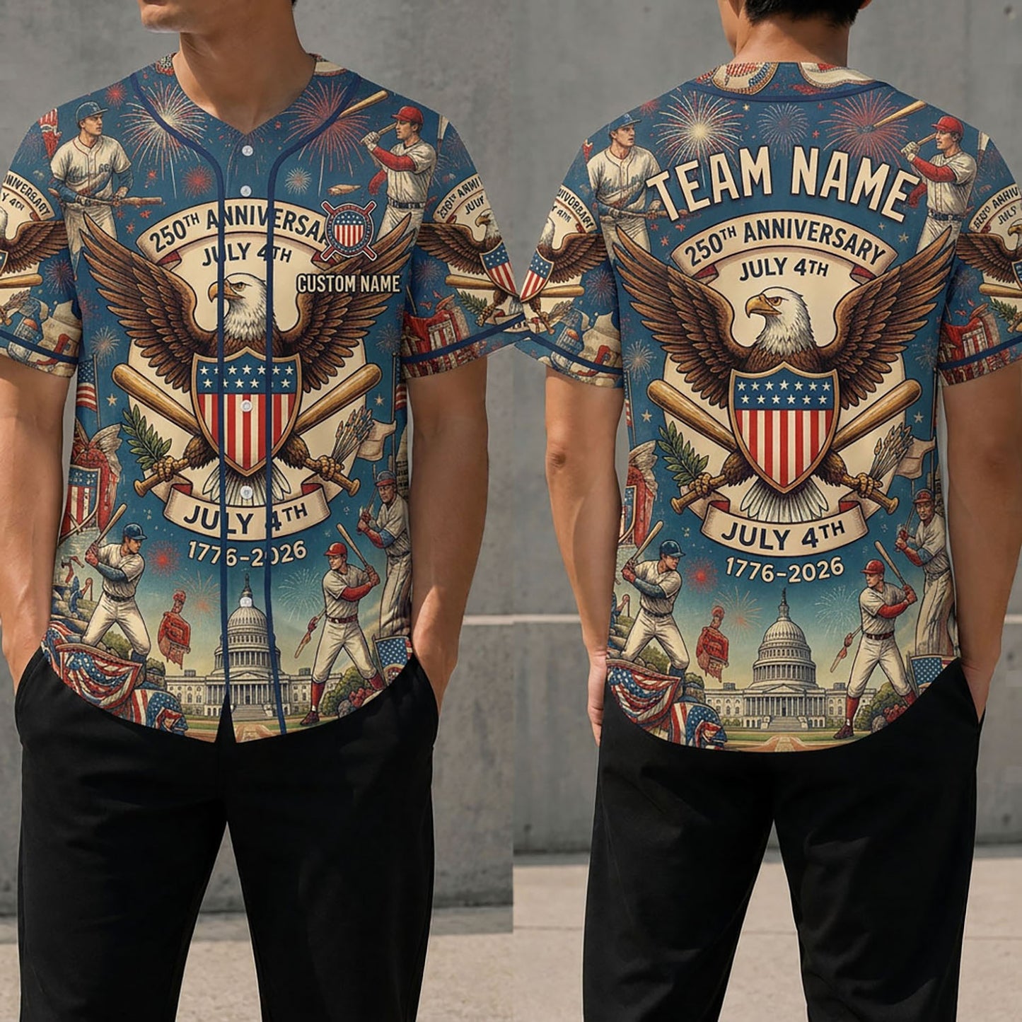 Front And Back View Of The July 4th 250th Anniversary Baseball Jersey Featuring An Eagle Shield And Patriotic Firework Graphics