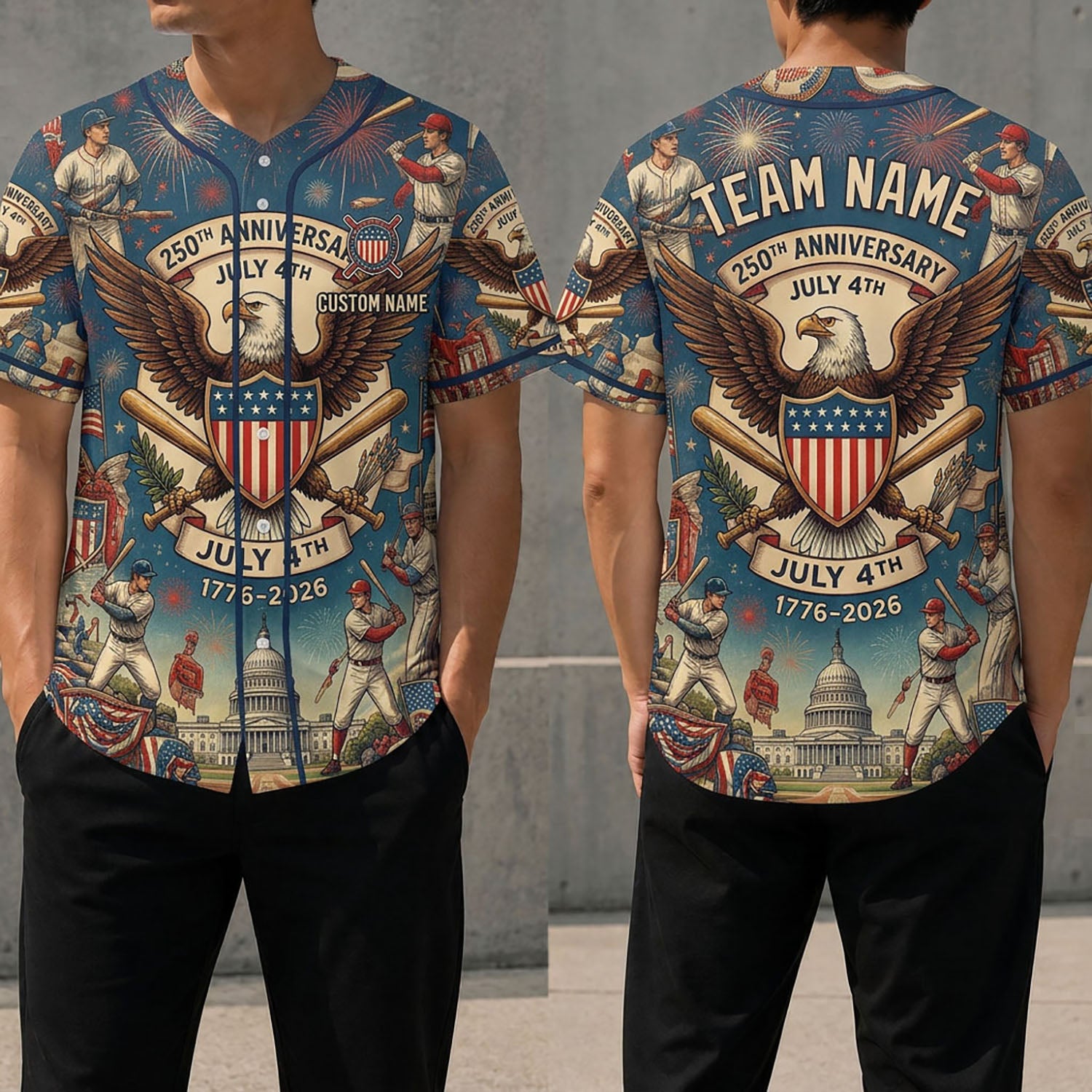 Front And Back View Of The July 4th 250th Anniversary Baseball Jersey Featuring An Eagle Shield And Patriotic Firework Graphics