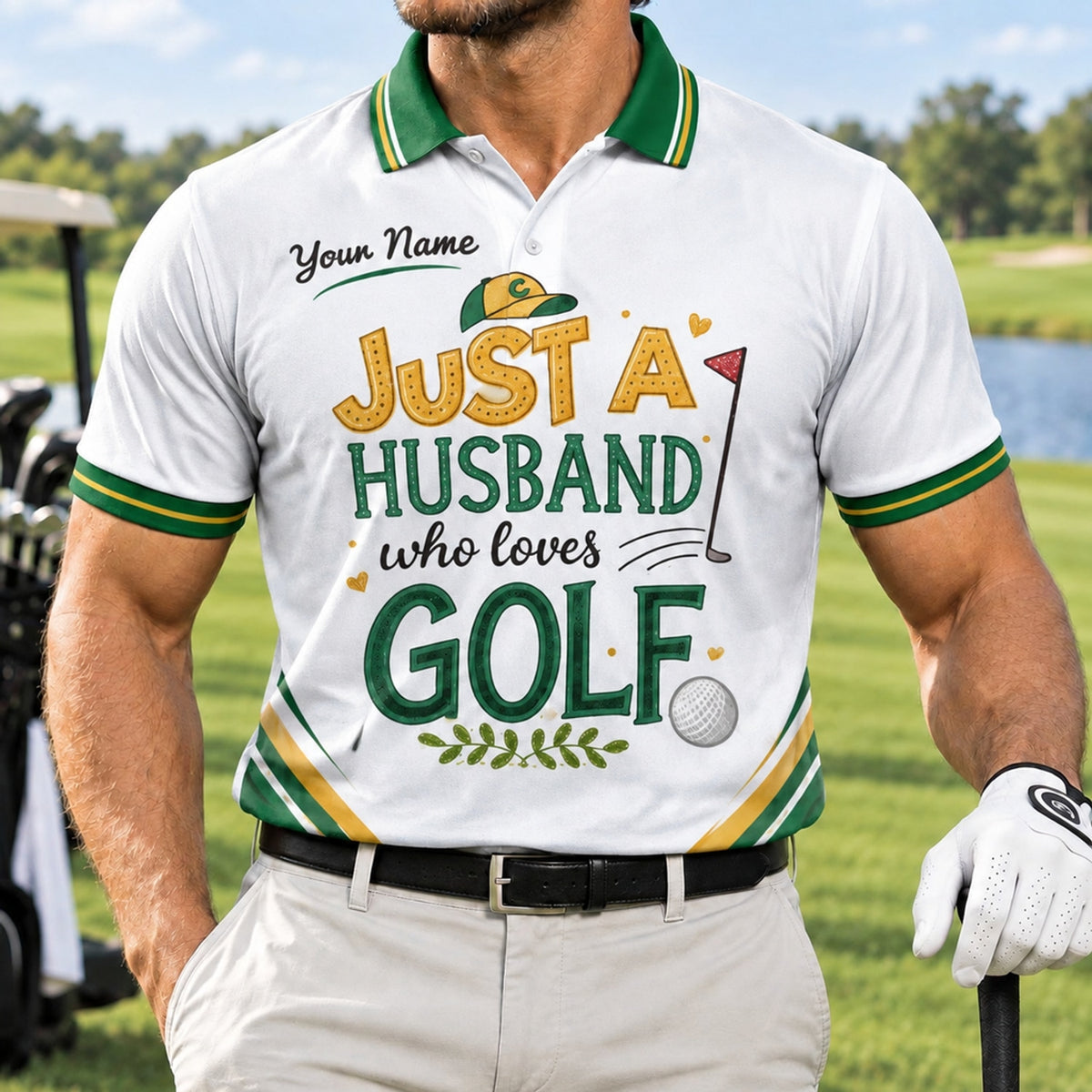 Just A Husband Who Loves Golf Personalized Golf Polo Shirt Front View