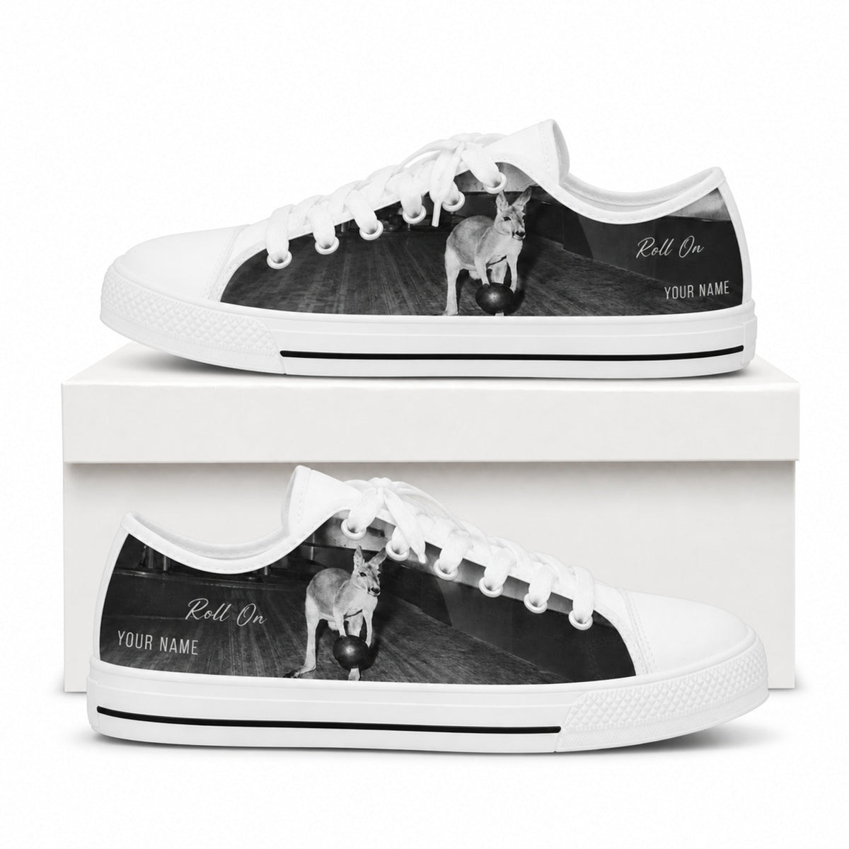 Kangaroo Bowling Design Graphic Personalized Low Top Shoes Box White