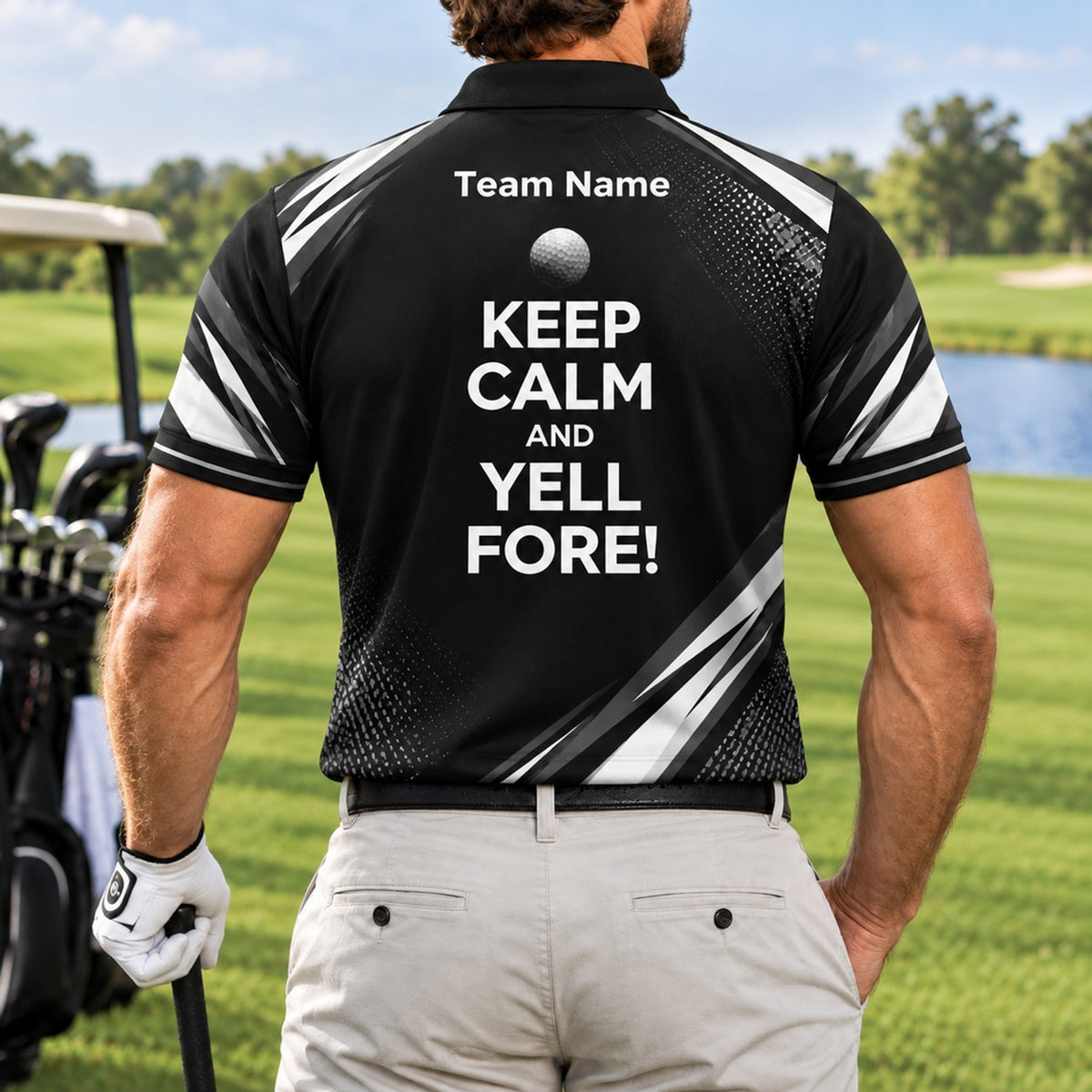 Keep Calm And Yell Fore Sport Personalized Golf Polo Shirt Back View