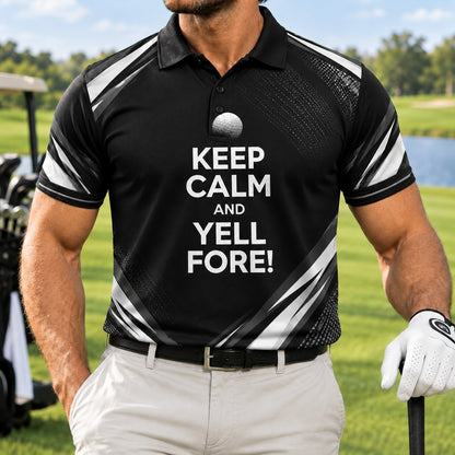 Keep Calm And Yell Fore Sport Personalized Golf Polo Shirt Front View