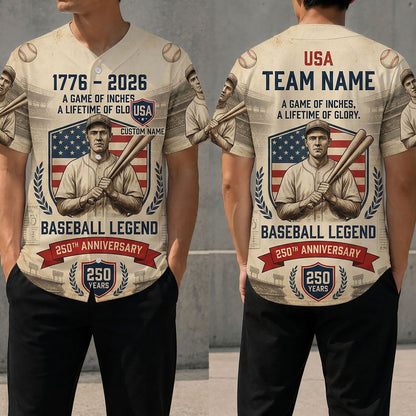 Front And Back View Of The Baseball Legend 250th Anniversary Jersey Featuring Vintage Player Graphics And American Flag