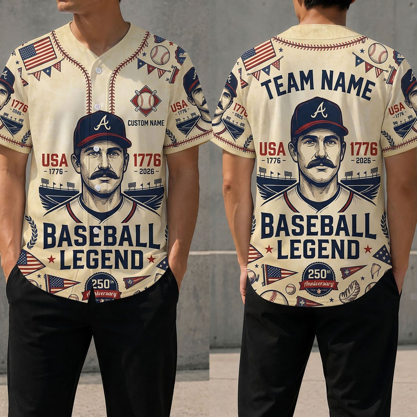 Front And Back View Of The Baseball Legend 250th Anniversary Jersey Featuring Vintage Player Graphics And Patriotic Elements
