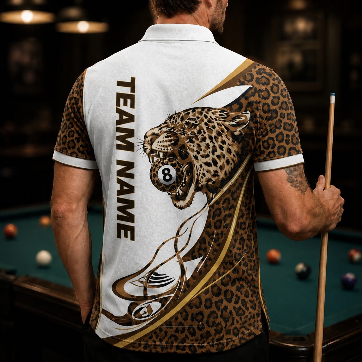 Leopard 8 Ball Sport Personalized Billiard Polo Shirt Back View