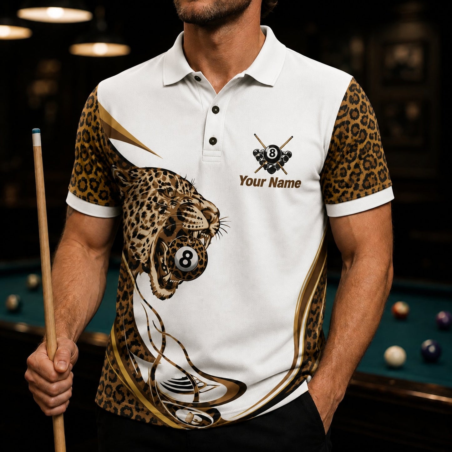 Leopard 8 Ball Sport Personalized Billiard Polo Shirt Front View