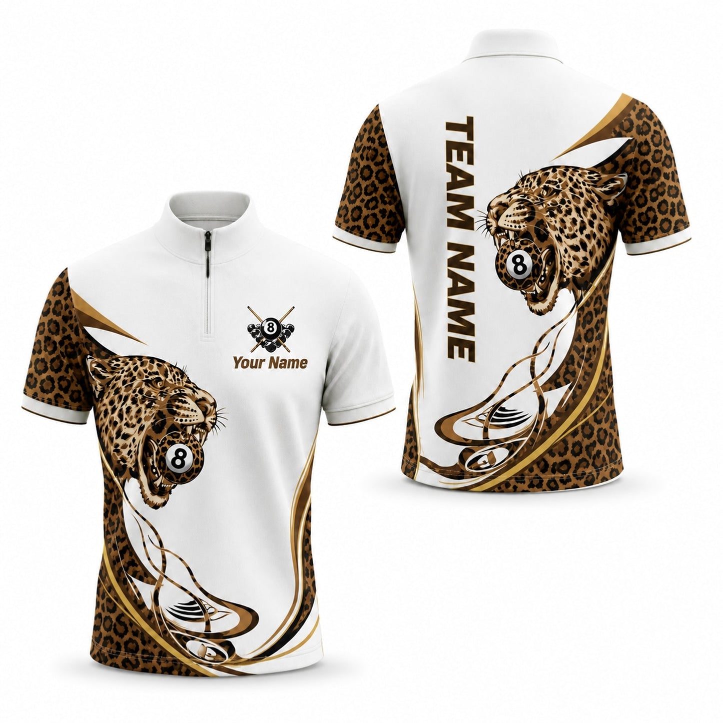Leopard 8 Ball Sport Personalized Billiard Polo Shirt Jersey Zip 1 4 Collar