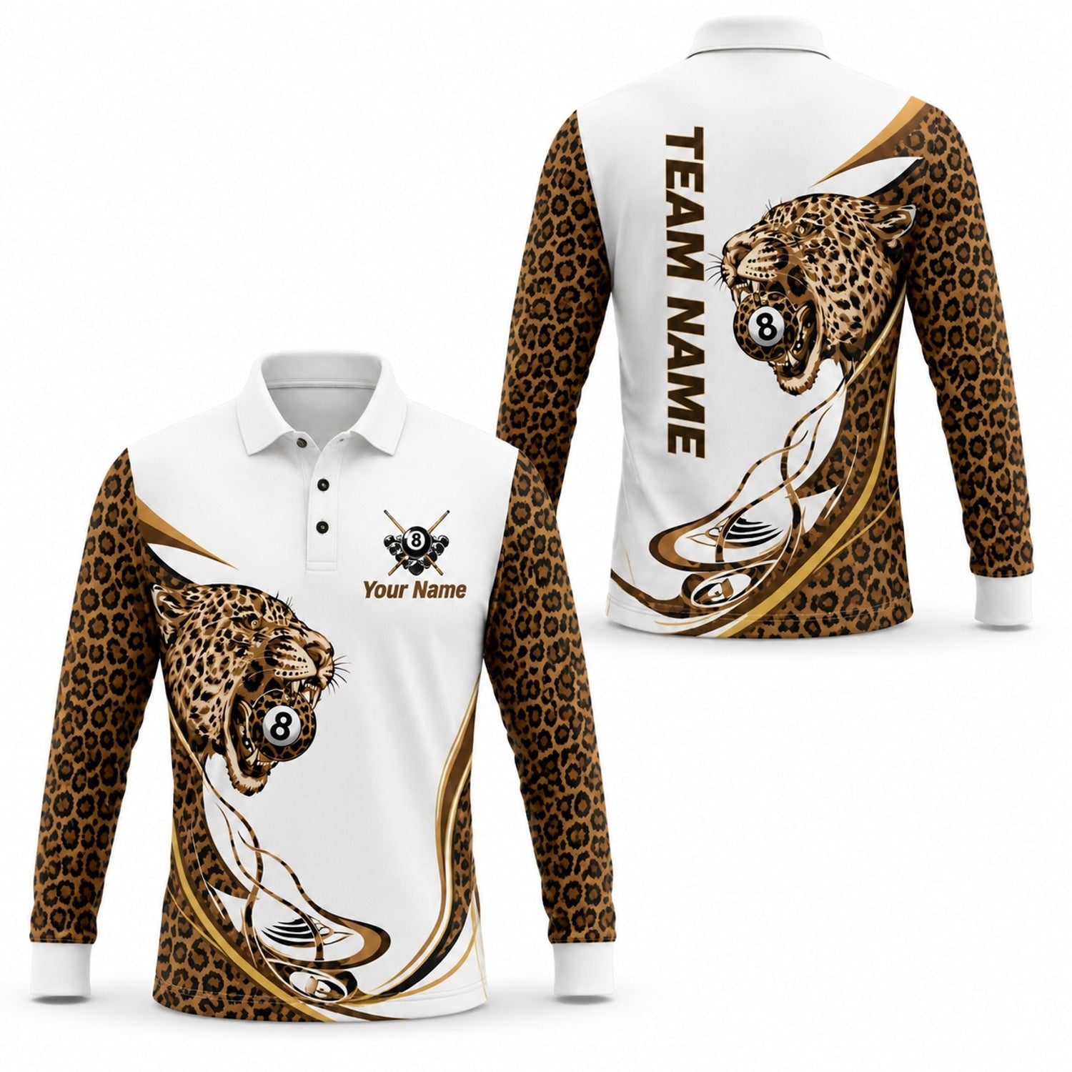 Leopard 8 Ball Sport Personalized Billiard Polo Shirt Long Sleeve Polo