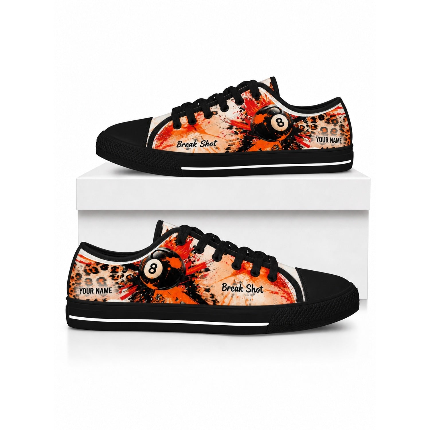 Leopard Skin Eight Ball Break Shot Graphic Custom Low Top Shoes Box Black