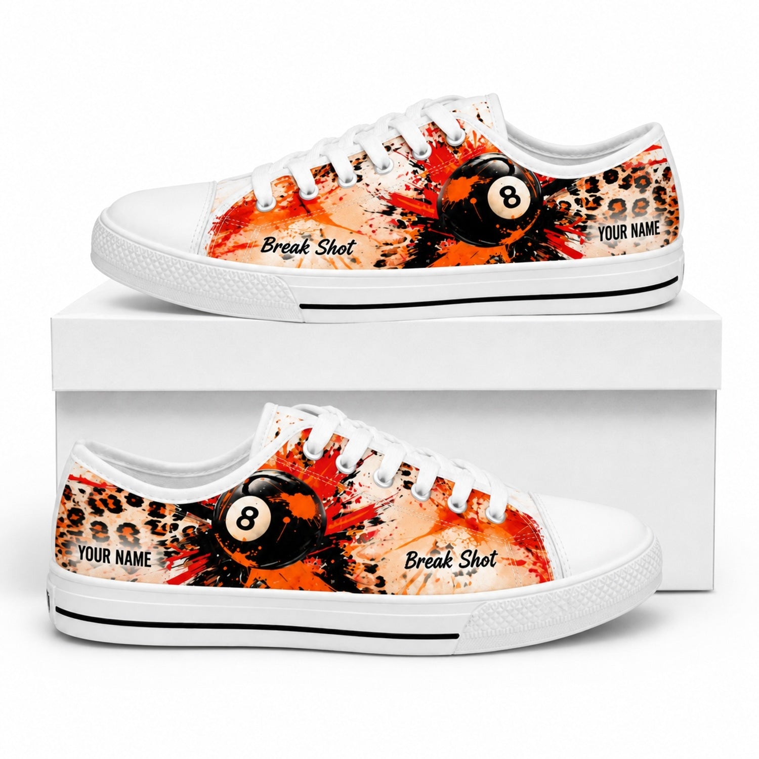Leopard Skin Eight Ball Break Shot Graphic Custom Low Top Shoes Box White