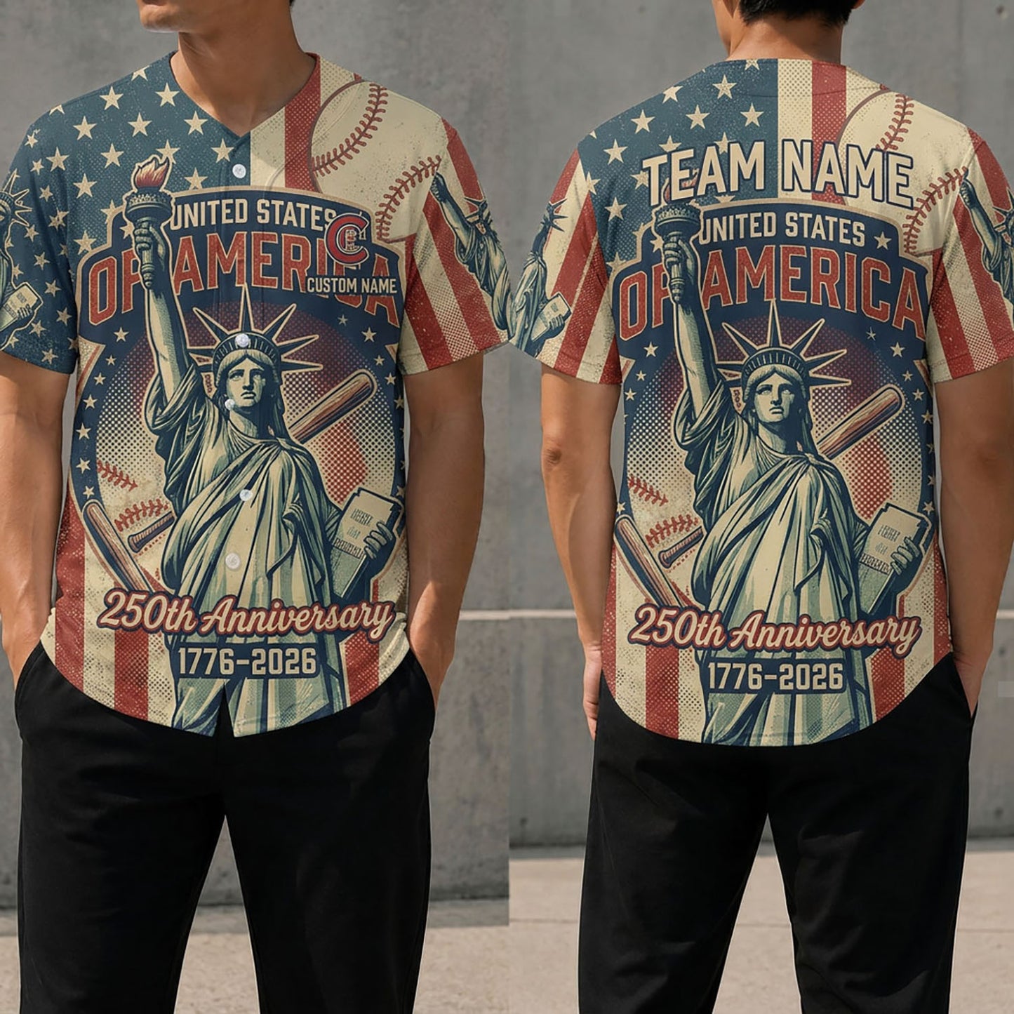 Front And Back View Of The Statue Of Liberty 250th Anniversary Baseball Jersey Featuring Patriotic American Designs